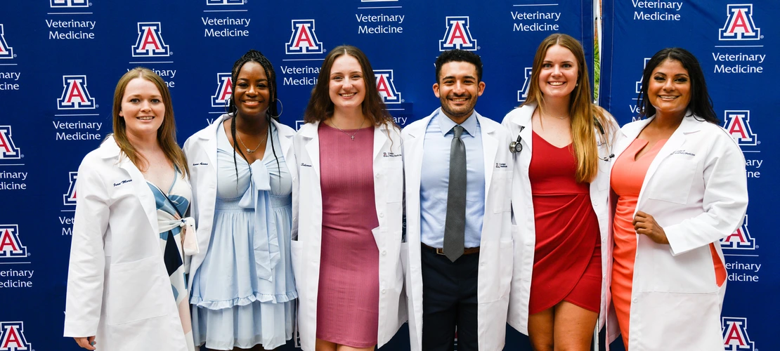 A group of six students poses in front of a University of Arizona logo background.