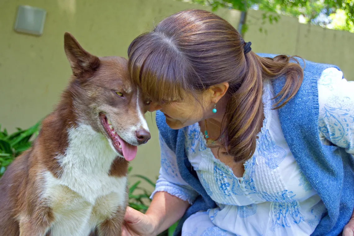 Sitting outside, a woman leans toward a herding dog.