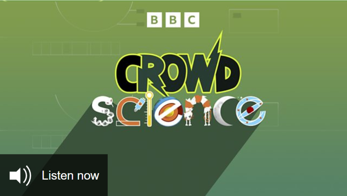 BBC Crowd Science podcast logo. Colorful text on a green background.