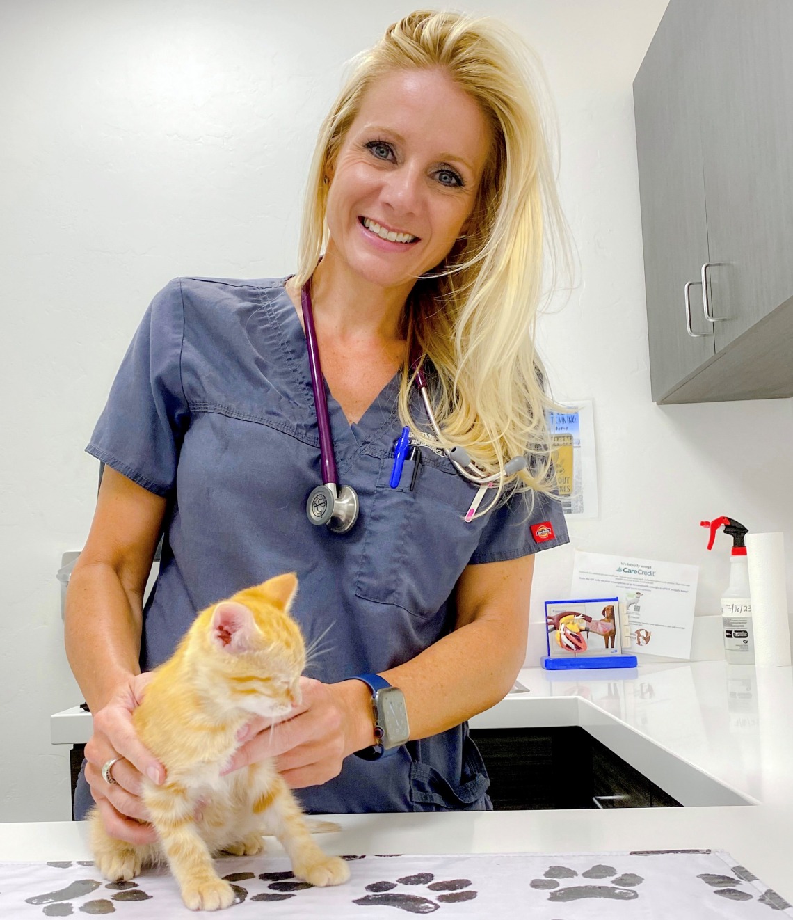 Dr. Lindsay Juhl holds a small orange kitten and smiles.
