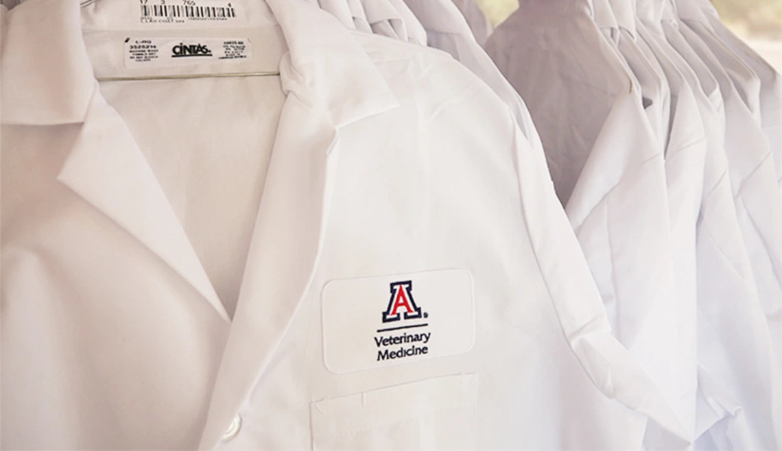 Close up shot of university branded medical scrubs