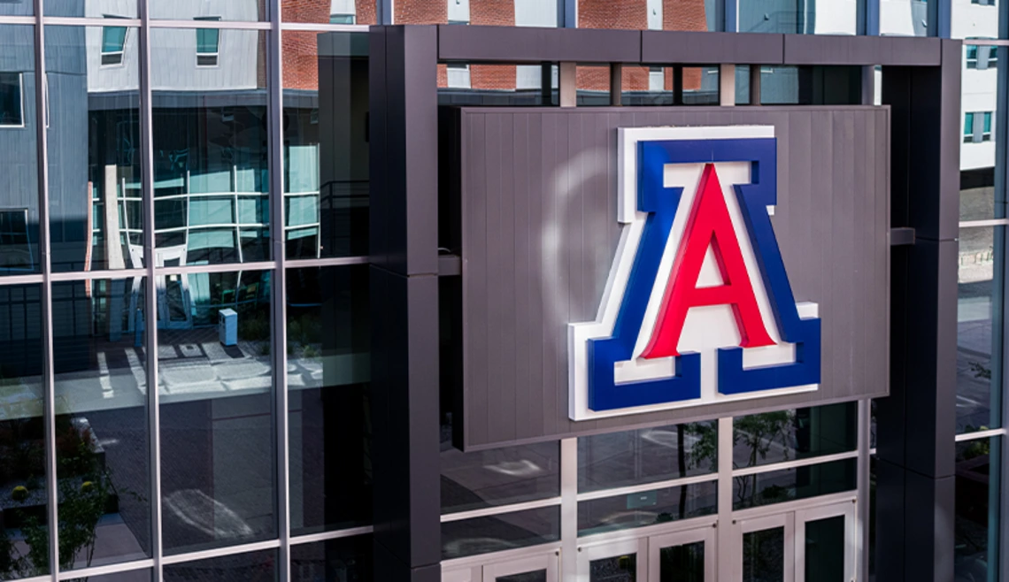 Aerial shot of UA block "A" on the side of a building