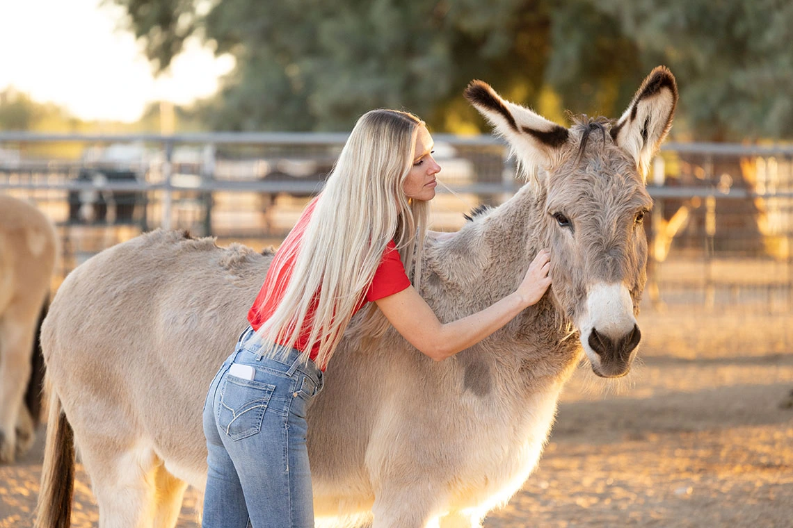 student with burro at the campus farm
