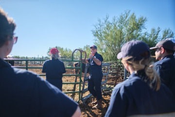 Dr. Tony Martin stands outside next to a cow as he speaks to a group of veterinary students.