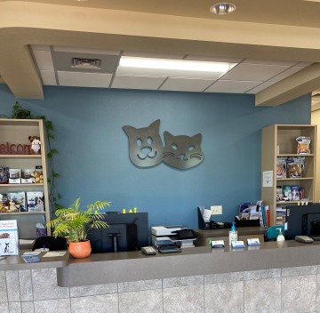 Front desk at AZPetVet. A smiling dog and cat, their logo, is displayed on the wall behind the desk.