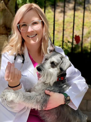 Veterinary student Ashley Sujata holds a miniature Schnauzer and smiles.