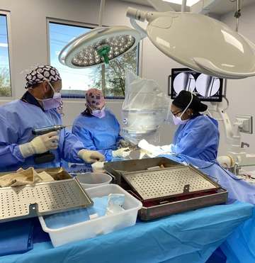 Dr. McCally and Dr. Hutcheson work together with a veterinary student to perform a surgery.