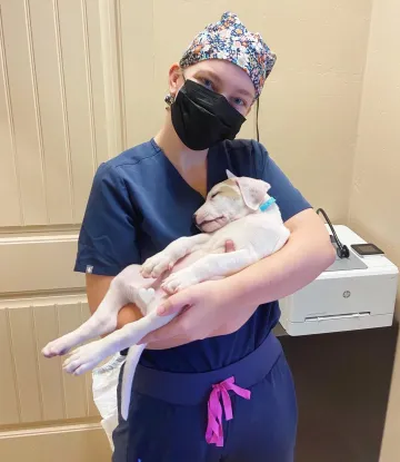 brooke kearney holding a puppy who is sleeping